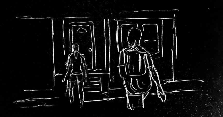 A black and white animated line sketch of a woman coming out of a house to meet a man