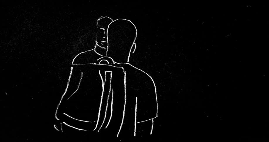 An animation shows a sketch of two men chatting in a school