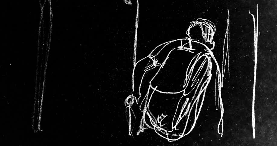 Animated white on black line drawing shows scene of person entering home with a backpack