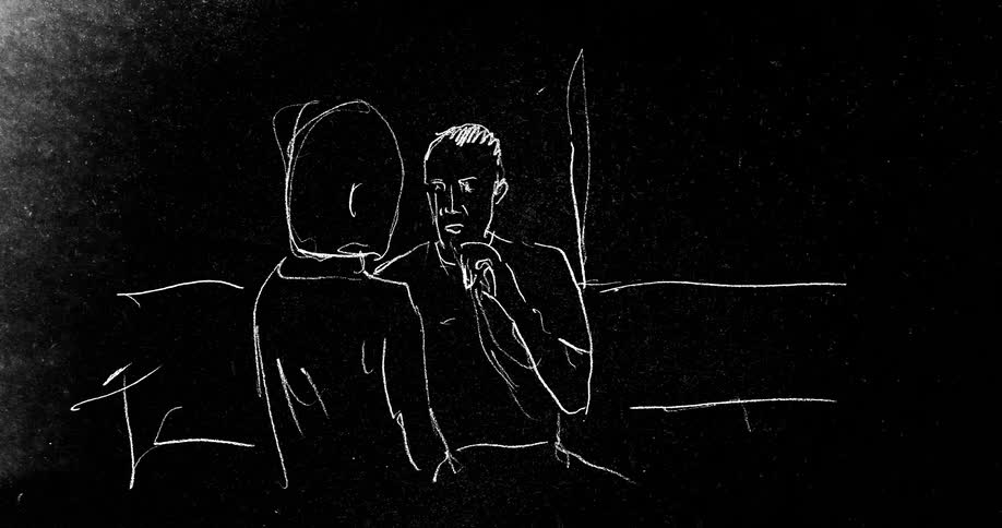 An animated line drawing of a child being thrown to the ground and a man blowing smoke on him