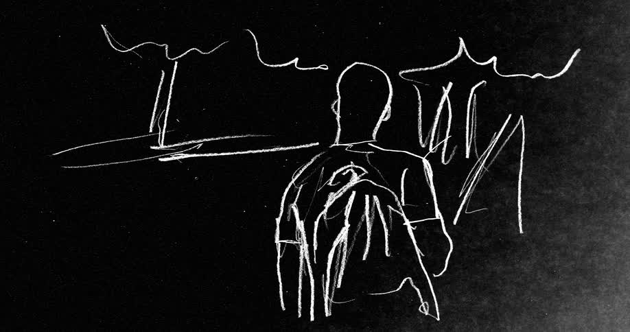 A film of a sketched person walking outdoors and to a house
