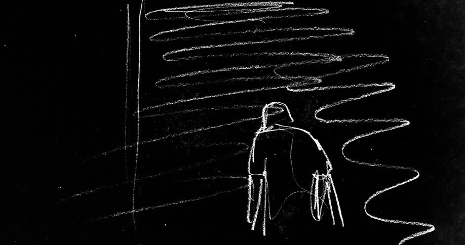 A chalk illustration of a person walking
