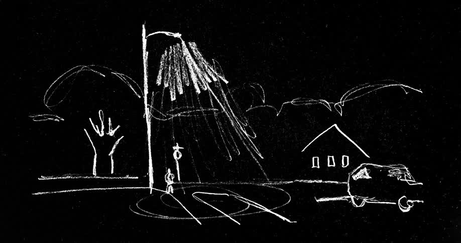 An animated black and white sketch transitions from a neighborhood scene to falling cash