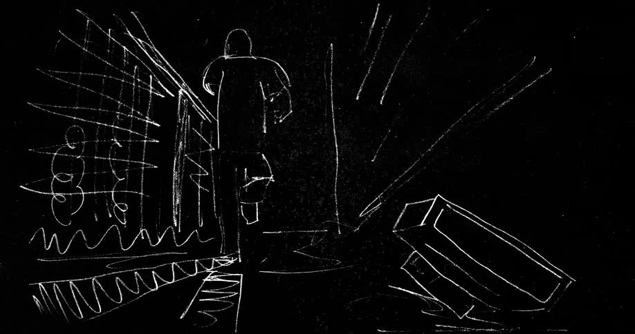 An animated sketch of a boy dropping a pager as he runs away