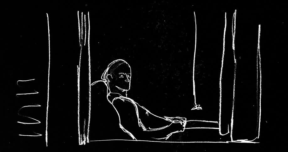 A sketch illustration of a person walking past a house with a man sitting inside and then it zooms to the mans face