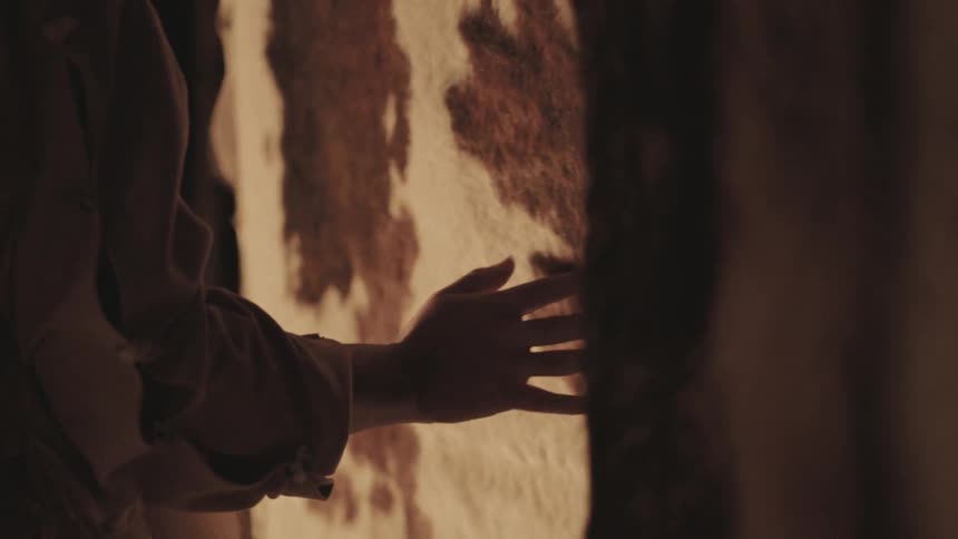 A person runs their hand along an animal hide