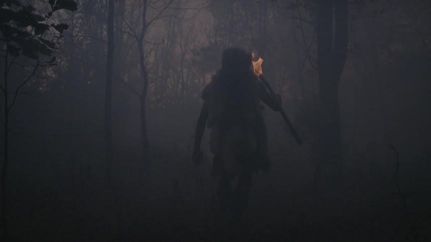 A man carrying a torch and walking through a foggy forest at dusk
