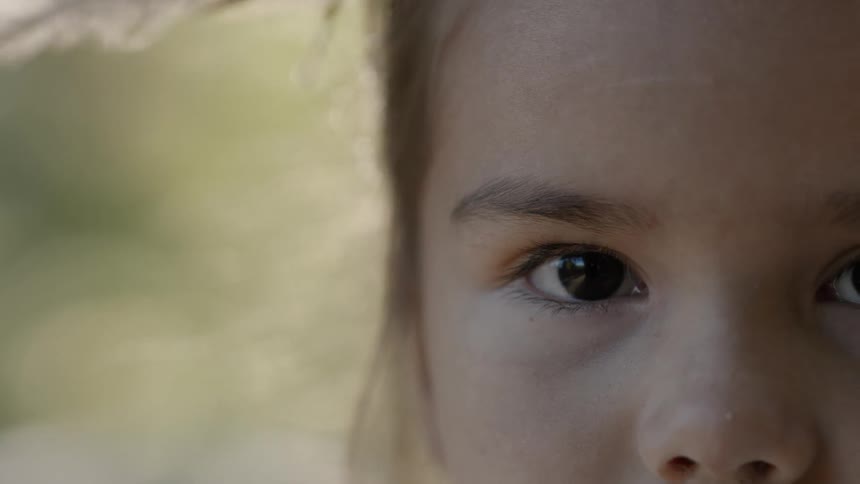 A breeze blowing through a brown-eyed little girl's hair and feathered hair decoration