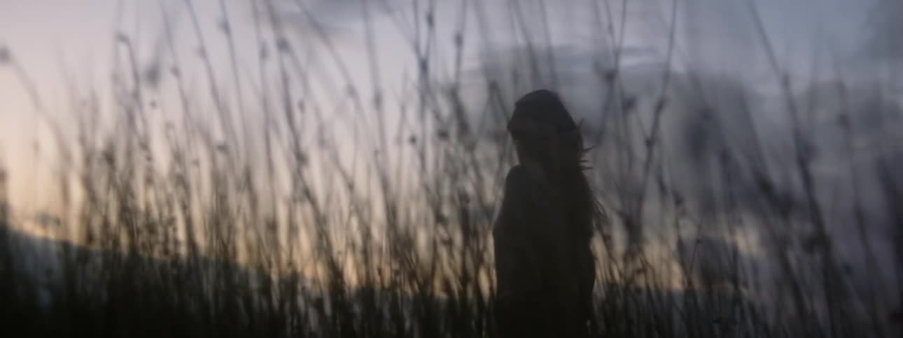 Blonde woman with brown sweater walks in the field at dusk