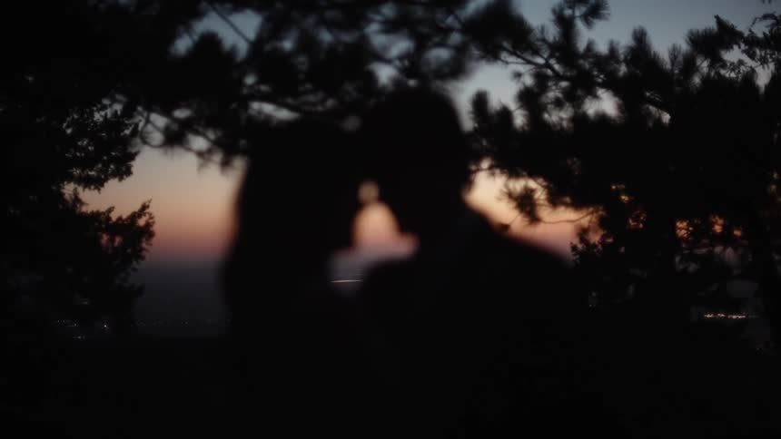 Blurred silhouette of a young couple lovingly reclining on each other at evening
