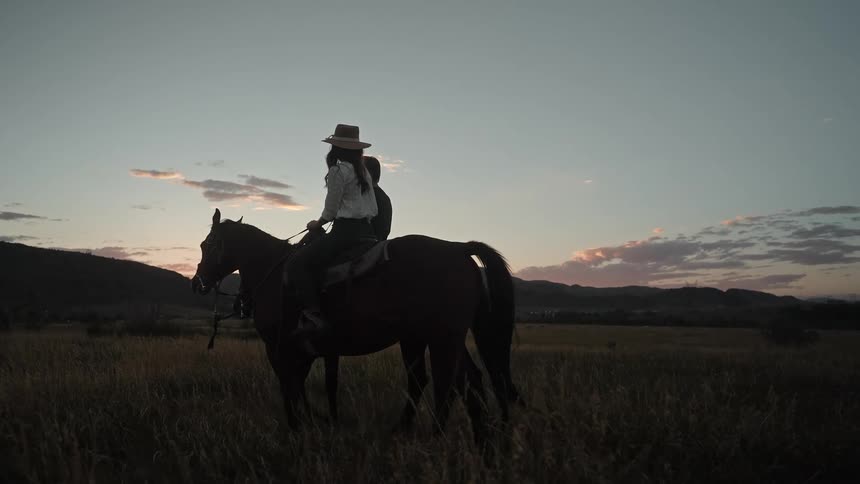 A man and woman ride horses through a field of tall grass