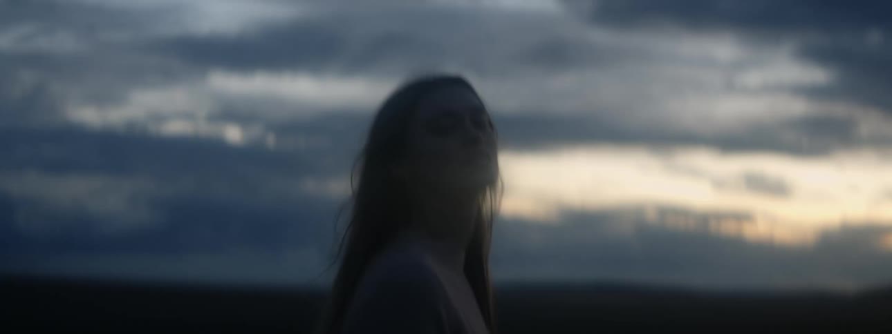 Blonde woman wearing brown sweater walks in the field at dusk