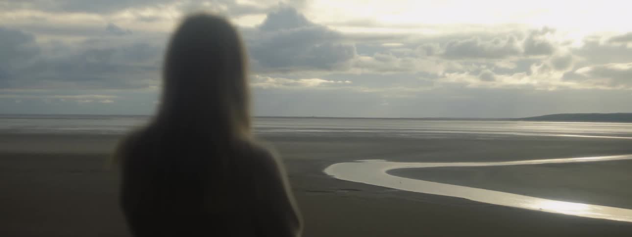 A woman standing facing the ocean and a tidal stream curving through the sand