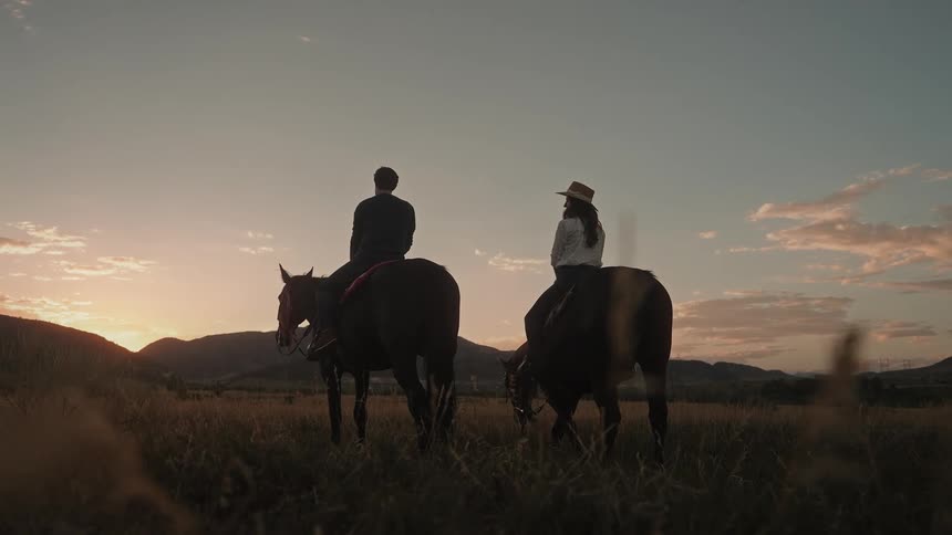 A man and woman sit on horses standing in a grassland in the evening