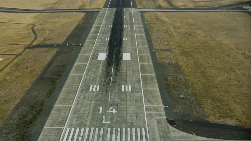 A unique view of a long runway simulating a landing aircraft