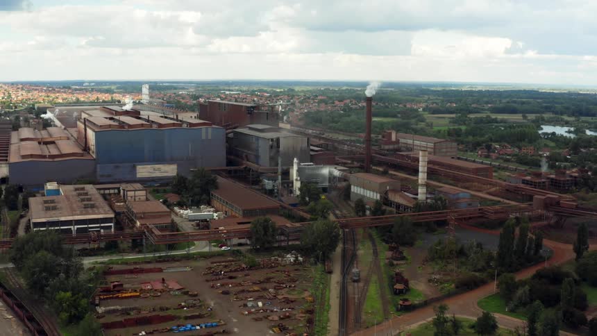 Aerial view of a large power plant or refinery in the plains near Belgrade, Serbia