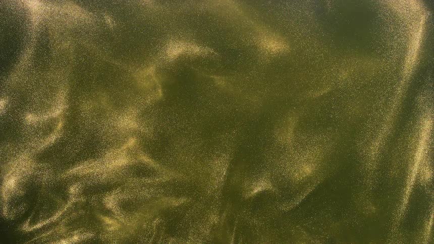 Shimmering bright gold particles moving in waves