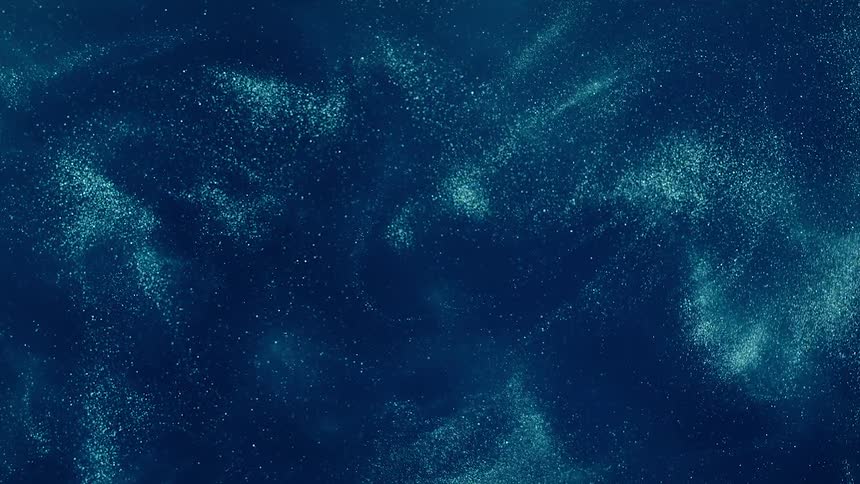 Glittering particles swirl and billow against a blue background