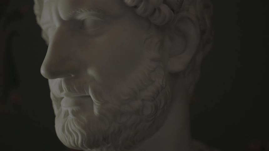 A white stone statue of a bearded man