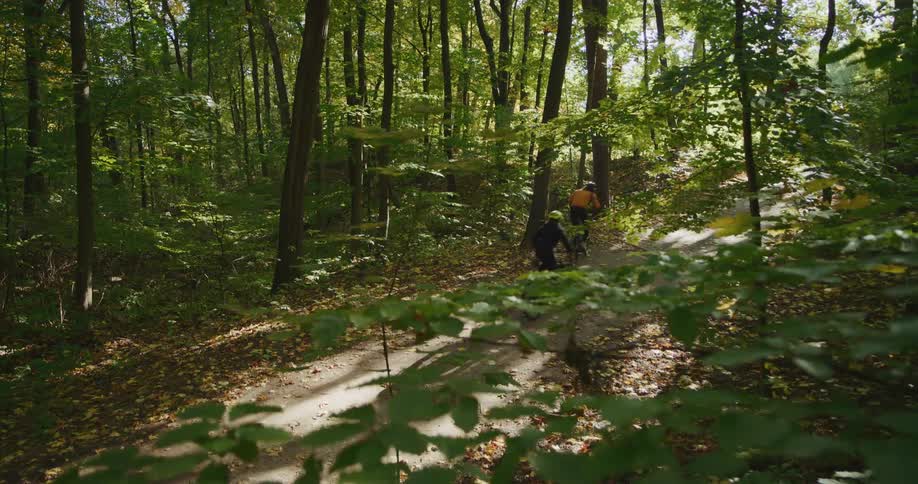 Couple riding bicycles on a trail through the forest at morning