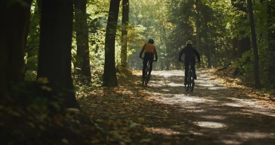 Two people are riding their bike through a forest