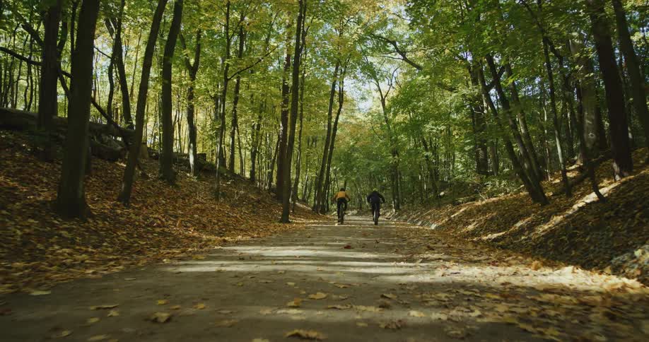 Two cyclists race down a trail through the woods