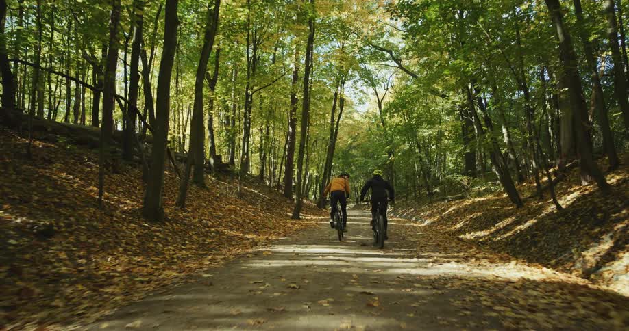 Two people riding bikes through a forest