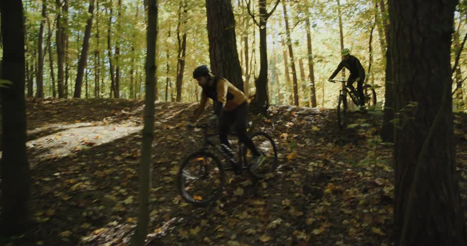 Two women are riding their bicycles in the woods and they go down a hill to reach the main path and ride away