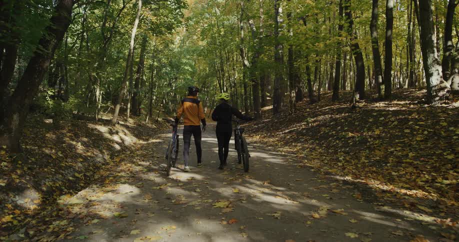 A man and woman walk along a forest pah with their bicycles