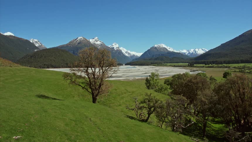 Fly past native trees to reveal view of snow capped mountains of Lord of the Rings country
