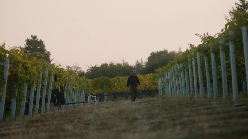 An older man is walking outside at the farm in the day time
