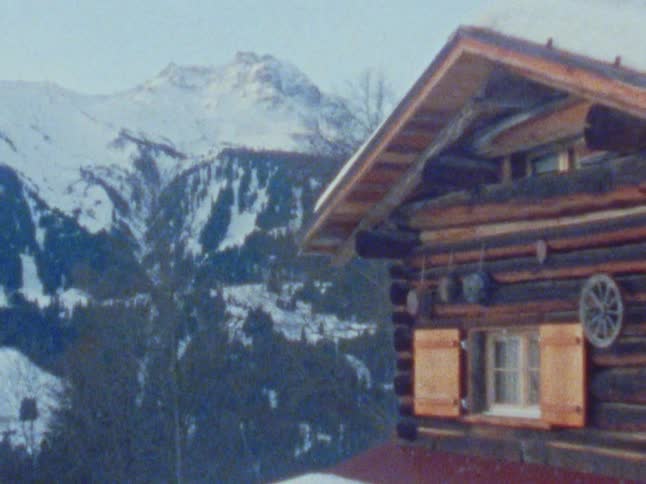 The view is of the nature outdoors with a cabin in the winter time