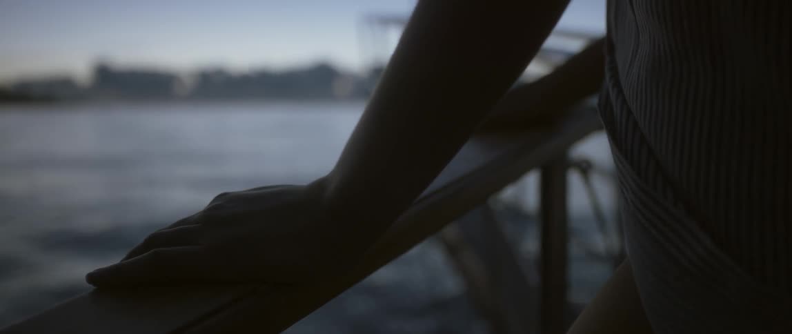 A woman stands near a railing overlooking the sea