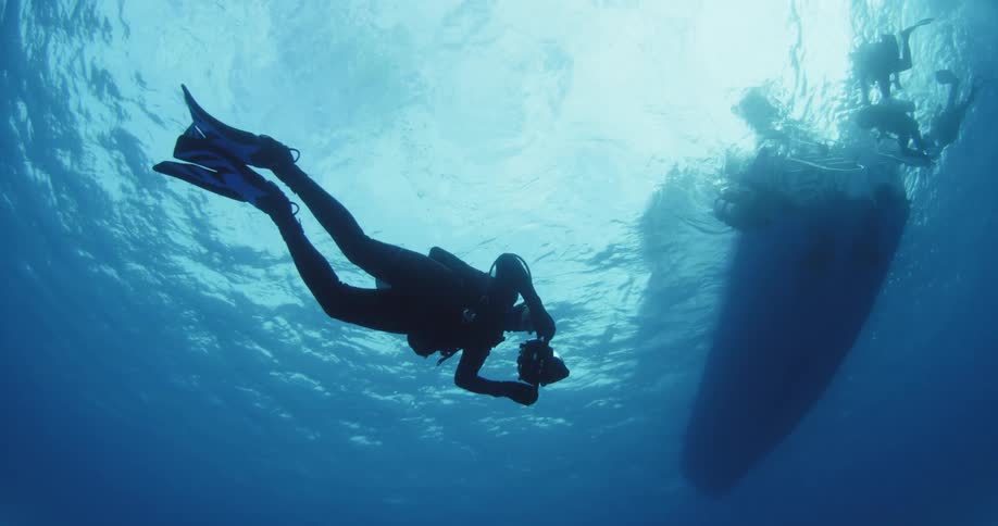 A diver swims near a boat