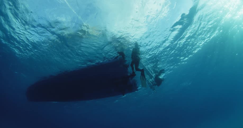 Divers hop into the water from a boat