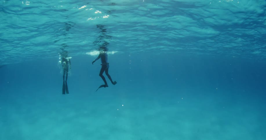 Two divers rise towards the surface of the water