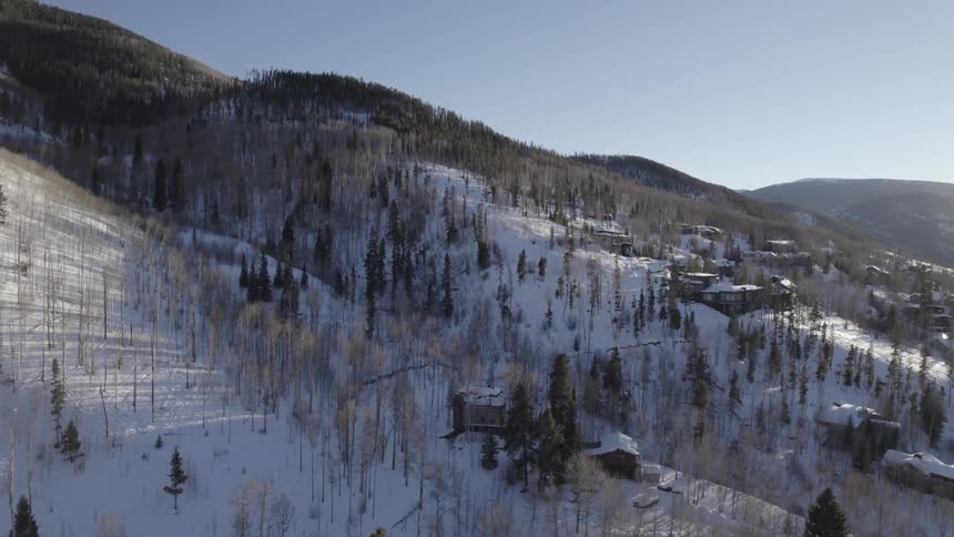 Trees and houses are scattered across the snow covered mountainside under a clear sky