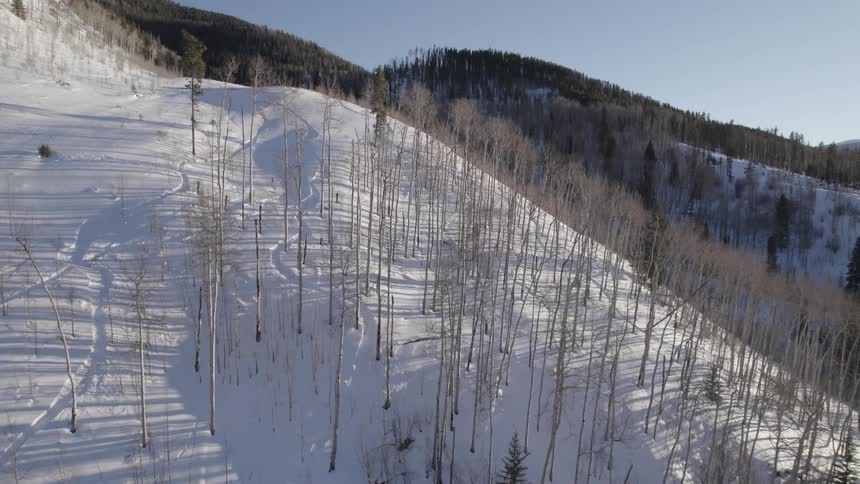 Aerial view of snow covered hills are displayed