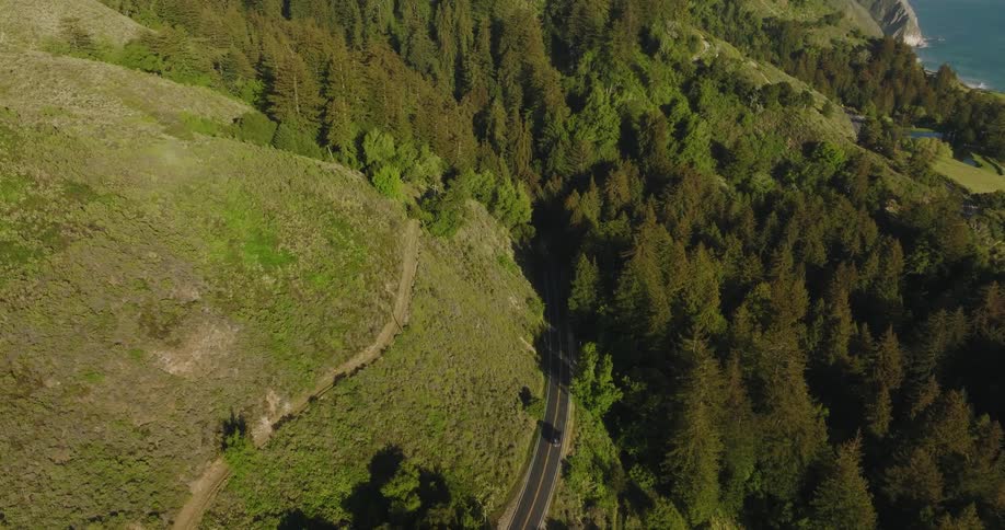 Aerial view of car driving on mountain highway leading into forest