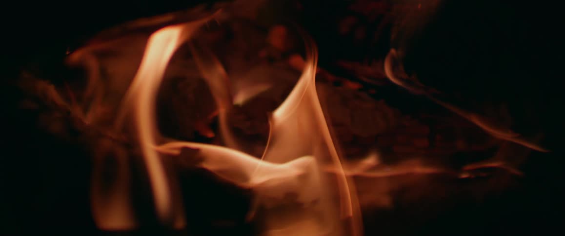 Close up view of a bonfire is displayed at night
