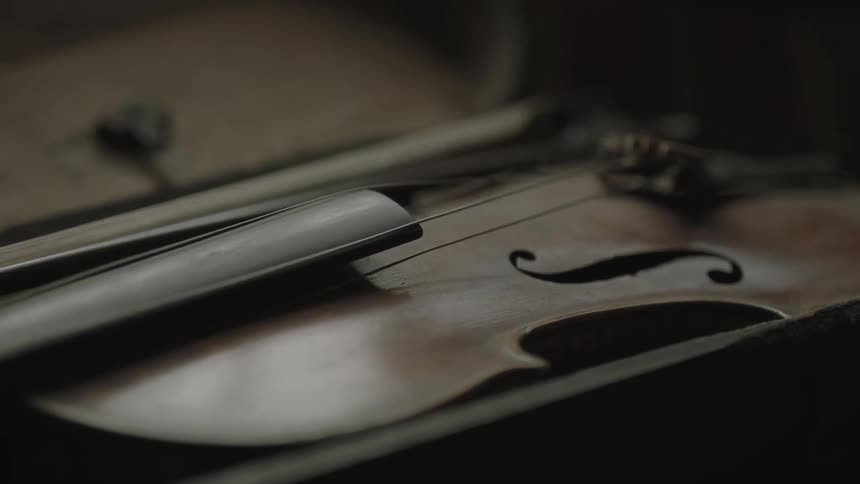 A violin sits in its case