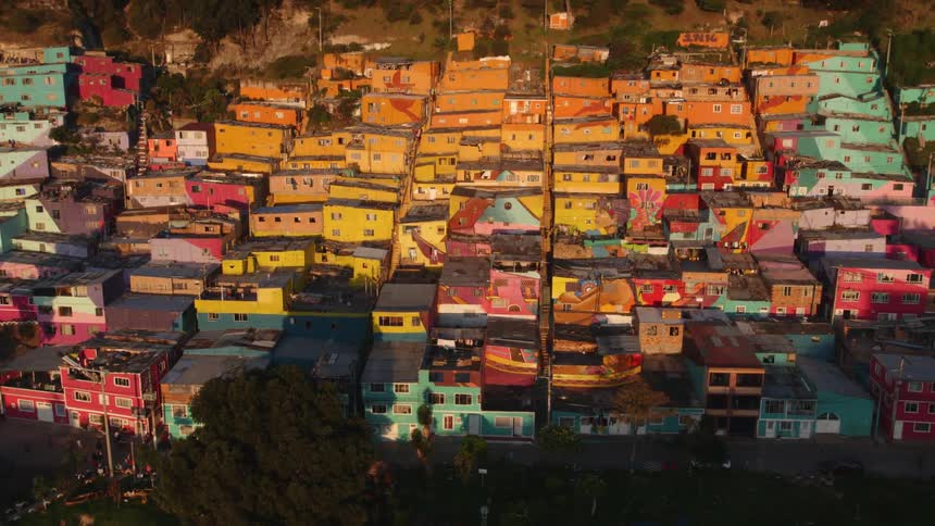 Aerial view of suburban area at dusk in the city