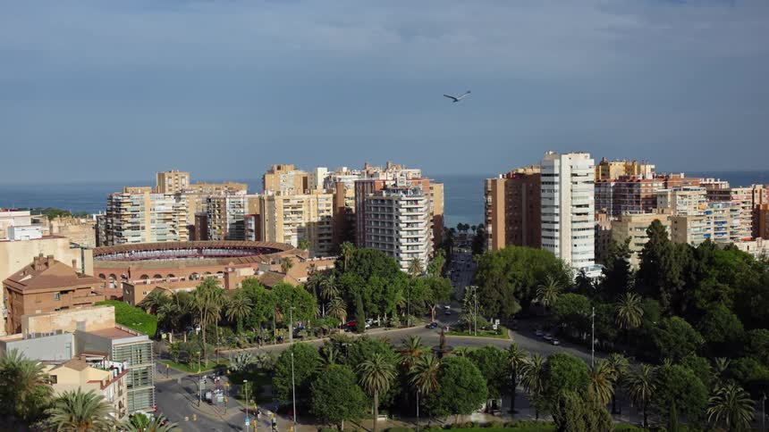 Coastal big city with many buildings and a small stadium with a bird flying by at daytime