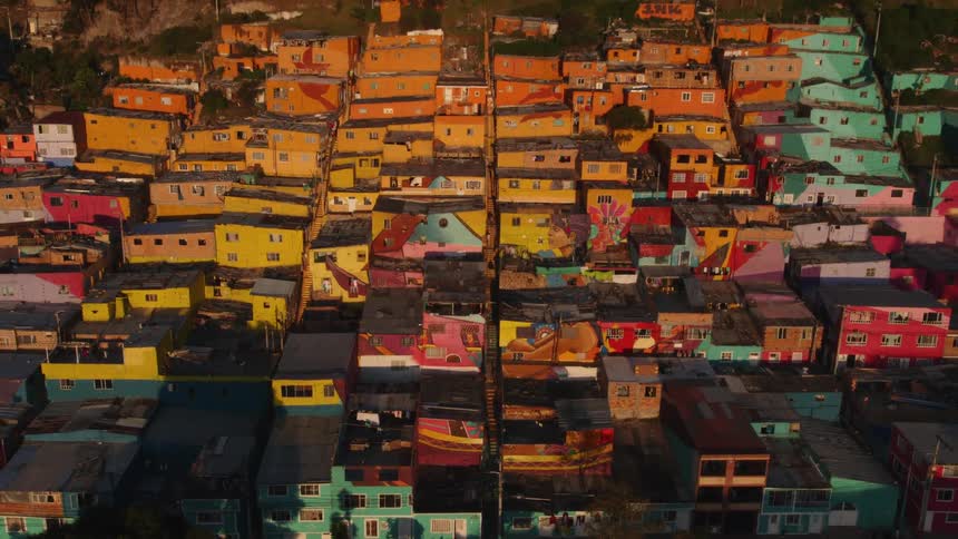 Colorful buildings densely packed in a city