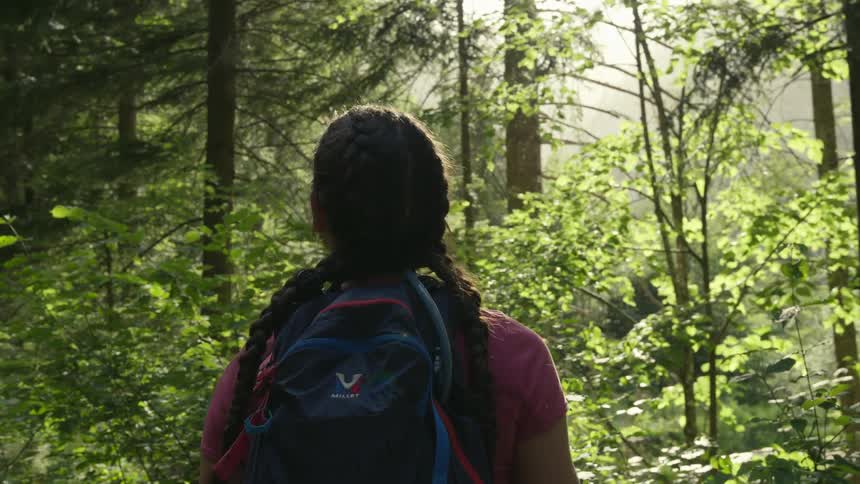A woman with pig tails in her hair and wearing a backpack is standing in the woods looking at the trees