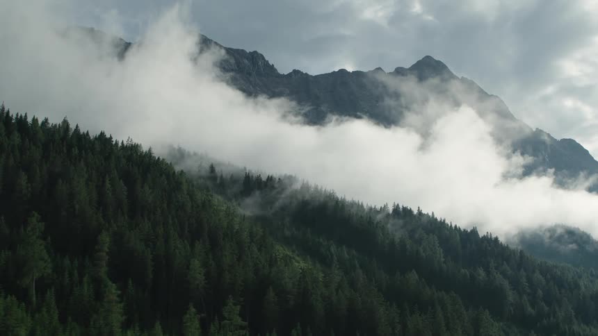 Aerial view of a thick layer of white clouds covering the slopes of a mountain range at morning