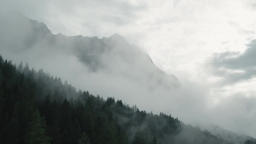 Low lying clouds obscure mountains in background and hang over forested mountain