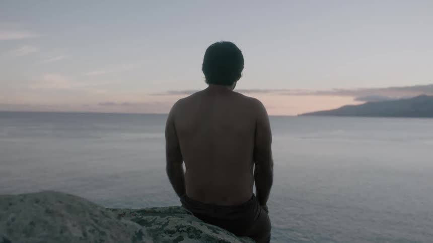 A man sits looking at the ocean from high above at dusk