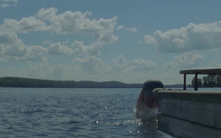 A man jumping off a dock into a lake on a sunny summer day