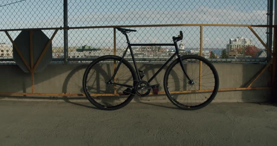 Black bicycle reclined on a fence in front of the city skyline at daytime